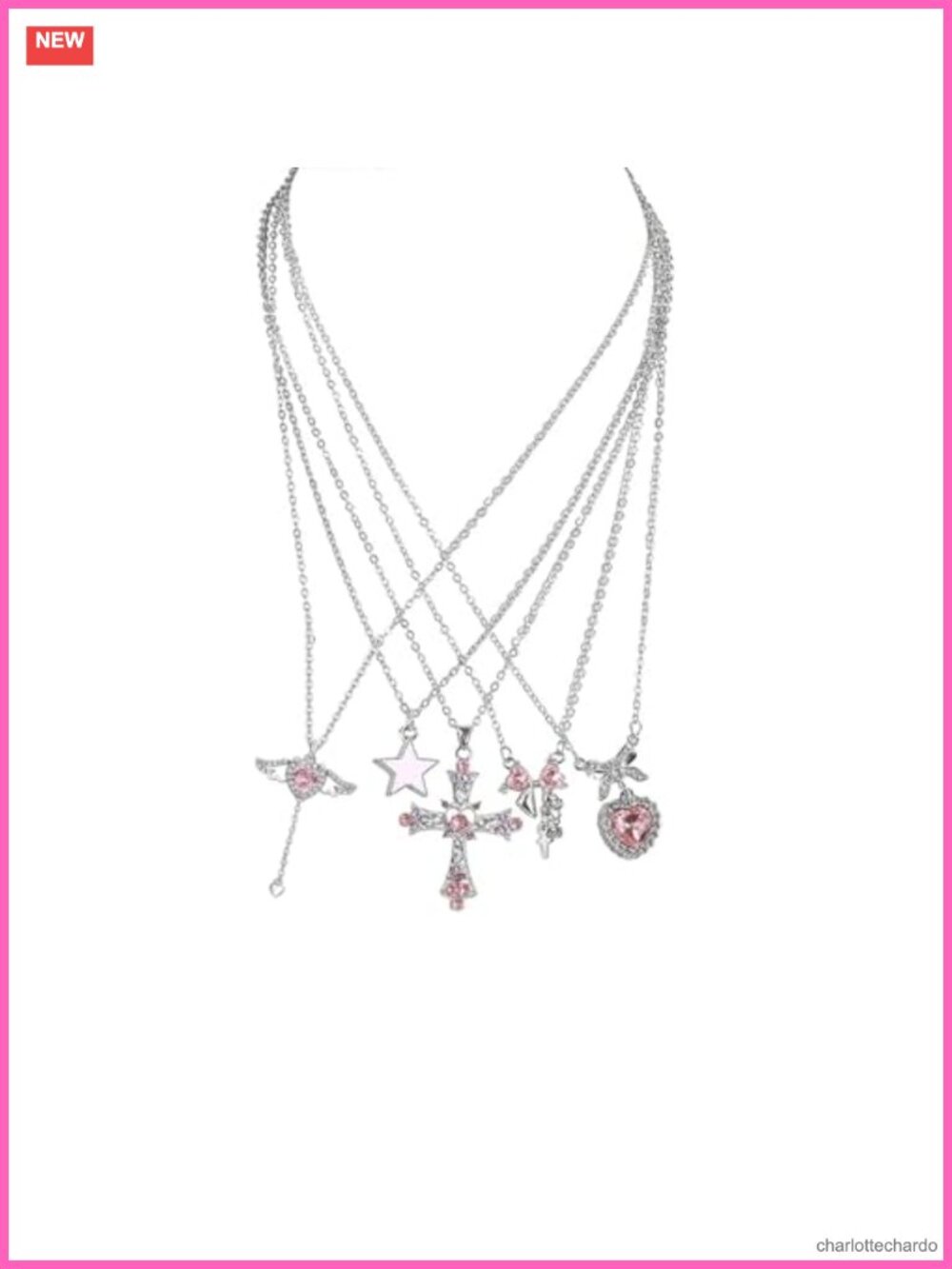 Y2K Pink Rhinestone Pendant Necklace Set 5 Pc Layered Gothic Cross